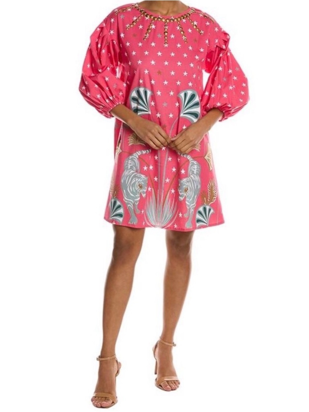 Sheridan French Pink Tiger Star Print Puff Sleeve Beaded Neck Dress